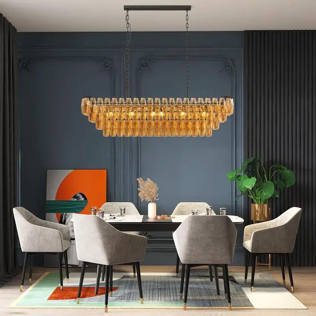 Alt view image 3 of 7 - 54" Black Rectangular Chandeliers for Dining Room, 12-Light 4 Tiered Large Smoke Glass Chandelier, Modern Kitchen Island Farmhouse Hanging Light Fixture for Living Room Foyer(Bulb Not included)