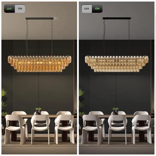 Alt view image 5 of 7 - 54" Black Rectangular Chandeliers for Dining Room, 12-Light 4 Tiered Large Smoke Glass Chandelier, Modern Kitchen Island Farmhouse Hanging Light Fixture for Living Room Foyer(Bulb Not included)