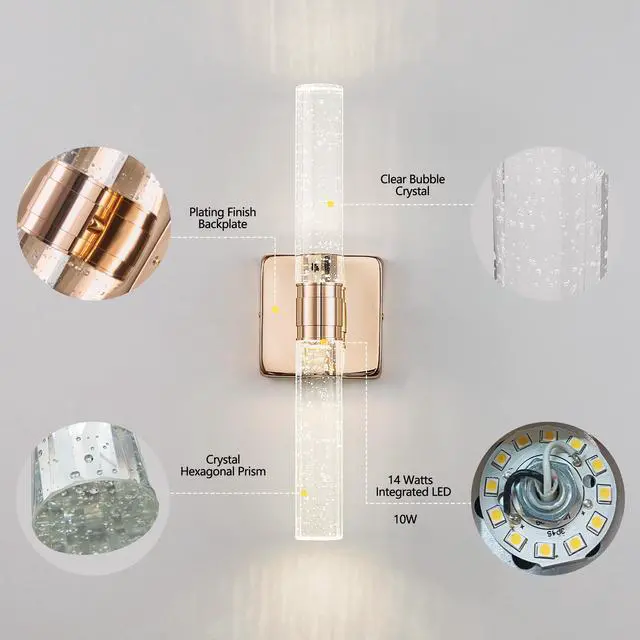 Alt view image 5 of 7 - 17"(H) Contemporary Crystal Wall Light, Gold Plating Finish with Bubble Crystal, 2-Light Sconce for Bathroom, Bedroom, Hallway Modern indoor Lighting Fixture