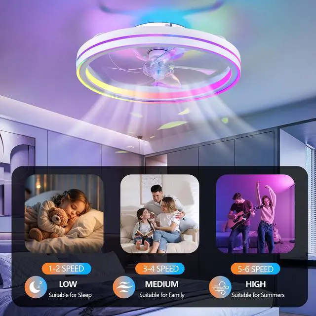 Alt view image 4 of 7 - Rgb Ceiling Fans with Lights, 19'' Smart Led Ceiling Fan with Remote/App Control, Modern Low Profile Bladeless Chandelier Fan, Dimmable White Fandelier for Bedroom, Living Room, Kitchen