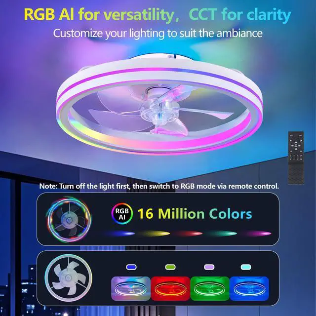 Alt view image 3 of 7 - Rgb Ceiling Fans with Lights, 19'' Smart Led Ceiling Fan with Remote/App Control, Modern Low Profile Bladeless Chandelier Fan, Dimmable White Fandelier for Bedroom, Living Room, Kitchen