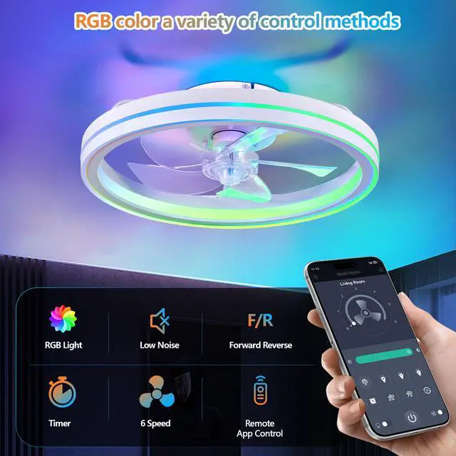 Alt view image 2 of 7 - Rgb Ceiling Fans with Lights, 19'' Smart Led Ceiling Fan with Remote/App Control, Modern Low Profile Bladeless Chandelier Fan, Dimmable White Fandelier for Bedroom, Living Room, Kitchen
