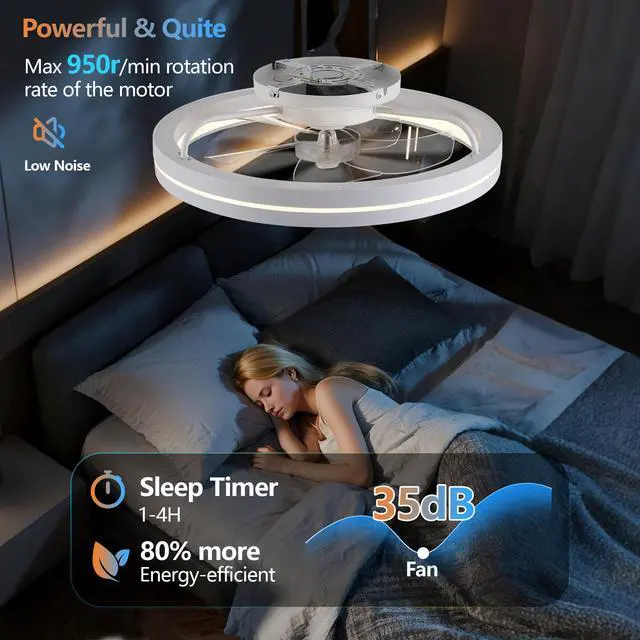 Alt view image 6 of 7 - Rgb Ceiling Fans with Lights, 19'' Smart Led Ceiling Fan with Remote/App Control, Modern Low Profile Bladeless Chandelier Fan, Dimmable White Fandelier for Bedroom, Living Room, Kitchen