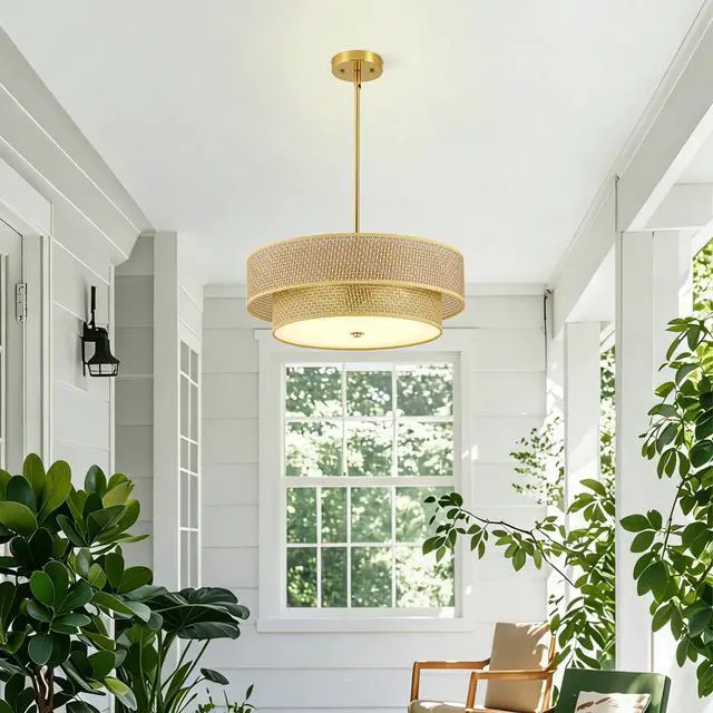 Alt view image 2 of 7 - 17.7 inch Woven Rattan Linen Semi Flush Mount Ceiling Light Fixture, Modern Boho Drum Lamp for Bedroom, Kitchen, Dining Room, Living Room, Hallway, Entryway, Farmhouse Gold Wicker Chandelier