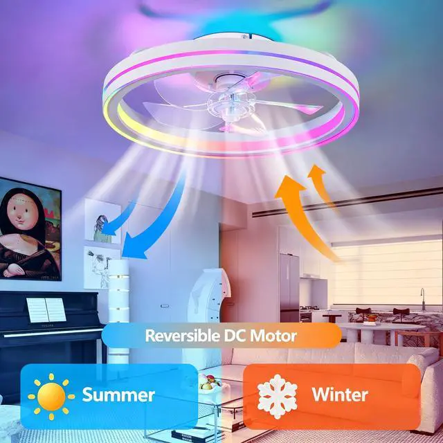 Alt view image 5 of 7 - Rgb Ceiling Fans with Lights, 19'' Smart Led Ceiling Fan with Remote/App Control, Modern Low Profile Bladeless Chandelier Fan, Dimmable White Fandelier for Bedroom, Living Room, Kitchen