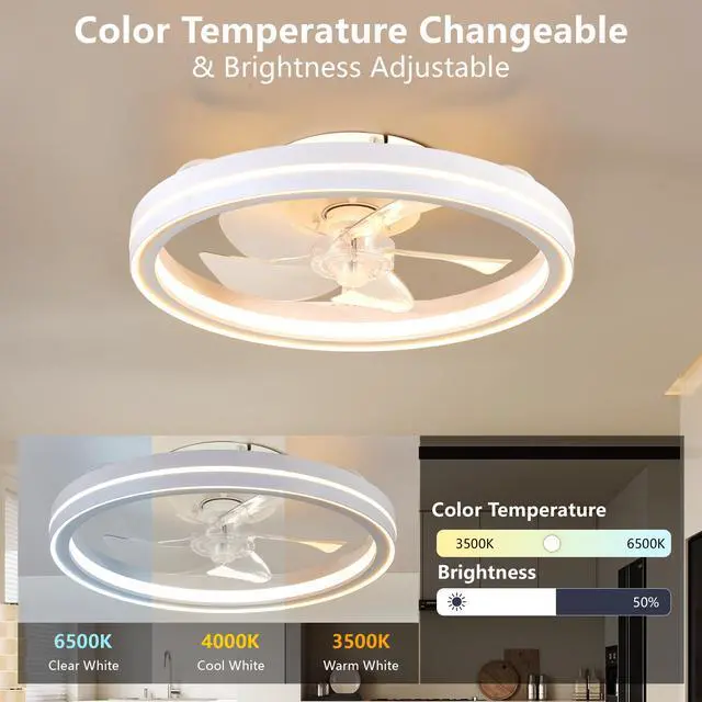 Alt view image 7 of 7 - Rgb Ceiling Fans with Lights, 19'' Smart Led Ceiling Fan with Remote/App Control, Modern Low Profile Bladeless Chandelier Fan, Dimmable White Fandelier for Bedroom, Living Room, Kitchen