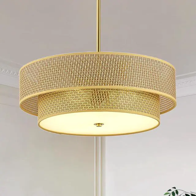 Main image of 17.7 inch Woven Rattan Linen Semi Flush Mount Ceiling Light Fixture, Modern Boho Drum Lamp for Bedroom, Kitchen, Dining Room, Living Room, Hallway, Entryway, Farmhouse Gold Wicker Chandelier