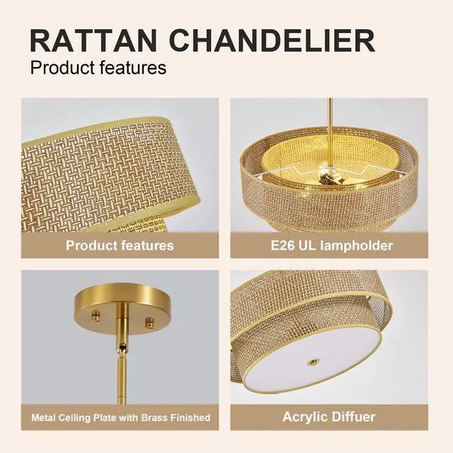 Alt view image 5 of 7 - 17.7 inch Woven Rattan Linen Semi Flush Mount Ceiling Light Fixture, Modern Boho Drum Lamp for Bedroom, Kitchen, Dining Room, Living Room, Hallway, Entryway, Farmhouse Gold Wicker Chandelier