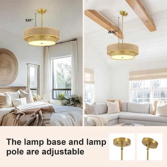 Alt view image 7 of 7 - 17.7 inch Woven Rattan Linen Semi Flush Mount Ceiling Light Fixture, Modern Boho Drum Lamp for Bedroom, Kitchen, Dining Room, Living Room, Hallway, Entryway, Farmhouse Gold Wicker Chandelier