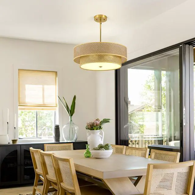 Alt view image 4 of 7 - 17.7 inch Woven Rattan Linen Semi Flush Mount Ceiling Light Fixture, Modern Boho Drum Lamp for Bedroom, Kitchen, Dining Room, Living Room, Hallway, Entryway, Farmhouse Gold Wicker Chandelier