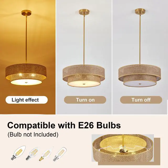 Alt view image 6 of 7 - 17.7 inch Woven Rattan Linen Semi Flush Mount Ceiling Light Fixture, Modern Boho Drum Lamp for Bedroom, Kitchen, Dining Room, Living Room, Hallway, Entryway, Farmhouse Gold Wicker Chandelier