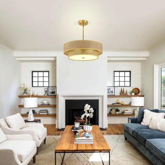 Alt view image 3 of 7 - 17.7 inch Woven Rattan Linen Semi Flush Mount Ceiling Light Fixture, Modern Boho Drum Lamp for Bedroom, Kitchen, Dining Room, Living Room, Hallway, Entryway, Farmhouse Gold Wicker Chandelier