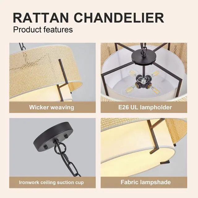 Alt view image 5 of 7 - 19.7'' Farmhouse Boho Chandelier,4-Light Hand Woven Rattan Pendant Light with Fabric Shade Rustic Drum Chandelier for Dining Room Kitchen Bedroom Foyer Entryway Living Room