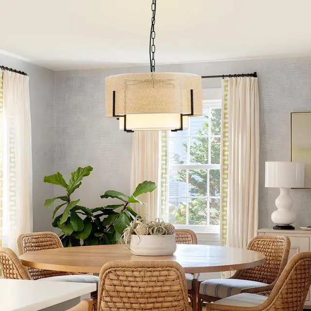 Alt view image 3 of 7 - 19.7'' Farmhouse Boho Chandelier,4-Light Hand Woven Rattan Pendant Light with Fabric Shade Rustic Drum Chandelier for Dining Room Kitchen Bedroom Foyer Entryway Living Room