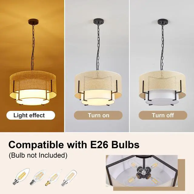 Alt view image 6 of 7 - 19.7'' Farmhouse Boho Chandelier,4-Light Hand Woven Rattan Pendant Light with Fabric Shade Rustic Drum Chandelier for Dining Room Kitchen Bedroom Foyer Entryway Living Room