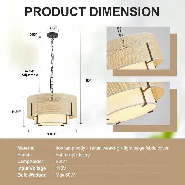 Alt view image 7 of 7 - 19.7'' Farmhouse Boho Chandelier,4-Light Hand Woven Rattan Pendant Light with Fabric Shade Rustic Drum Chandelier for Dining Room Kitchen Bedroom Foyer Entryway Living Room