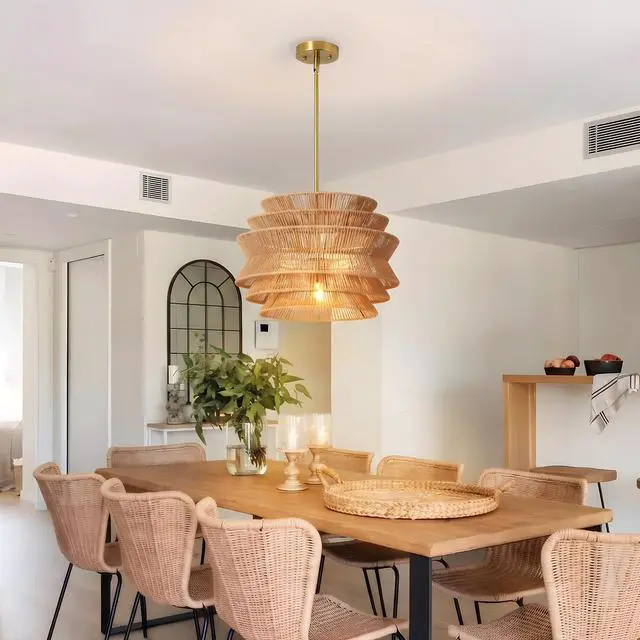 Alt view image 3 of 7 - 17.3" Rattan Pendant Light,Hand-Woven Rustic Wicker Hanging Light Seagrass Ceiling Chandelier,Water Plants Rattan Chandelier for Dining Living Bedroom Kitchen Farmhouse