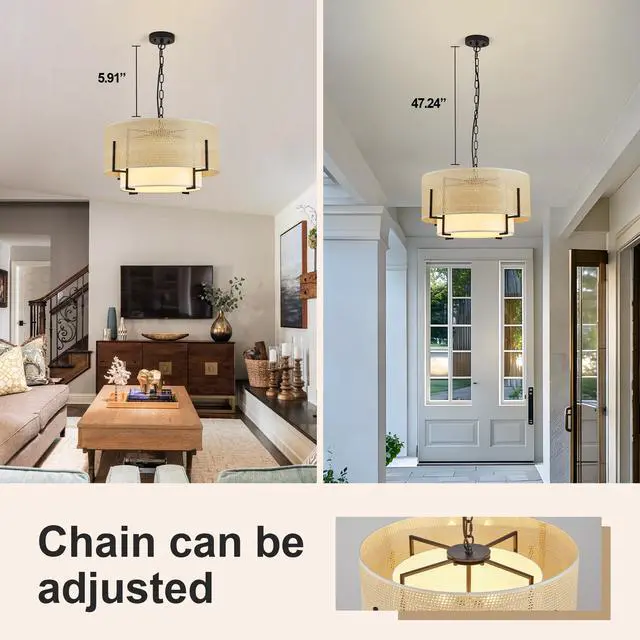 Alt view image 4 of 7 - 19.7'' Farmhouse Boho Chandelier,4-Light Hand Woven Rattan Pendant Light with Fabric Shade Rustic Drum Chandelier for Dining Room Kitchen Bedroom Foyer Entryway Living Room