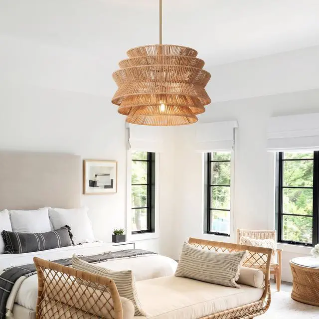 Alt view image 2 of 7 - 17.3" Rattan Pendant Light,Hand-Woven Rustic Wicker Hanging Light Seagrass Ceiling Chandelier,Water Plants Rattan Chandelier for Dining Living Bedroom Kitchen Farmhouse