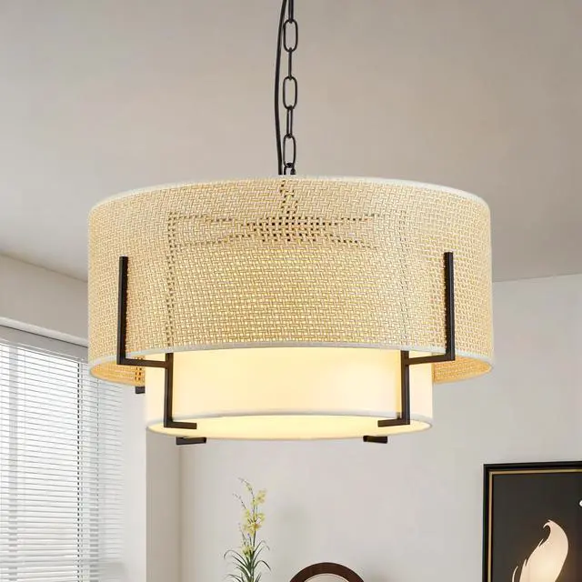 Main image of 19.7'' Farmhouse Boho Chandelier,4-Light Hand Woven Rattan Pendant Light with Fabric Shade Rustic Drum Chandelier for Dining Room Kitchen Bedroom Foyer Entryway Living Room