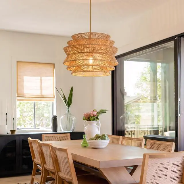 Alt view image 5 of 7 - 17.3" Rattan Pendant Light,Hand-Woven Rustic Wicker Hanging Light Seagrass Ceiling Chandelier,Water Plants Rattan Chandelier for Dining Living Bedroom Kitchen Farmhouse