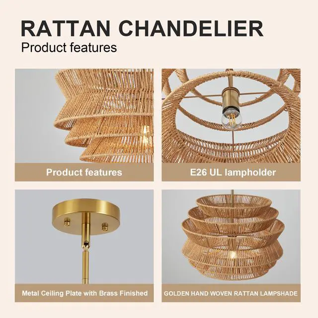 Alt view image 6 of 7 - 17.3" Rattan Pendant Light,Hand-Woven Rustic Wicker Hanging Light Seagrass Ceiling Chandelier,Water Plants Rattan Chandelier for Dining Living Bedroom Kitchen Farmhouse