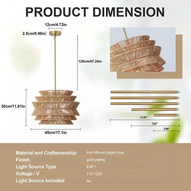 Alt view image 7 of 7 - 17.3" Rattan Pendant Light,Hand-Woven Rustic Wicker Hanging Light Seagrass Ceiling Chandelier,Water Plants Rattan Chandelier for Dining Living Bedroom Kitchen Farmhouse