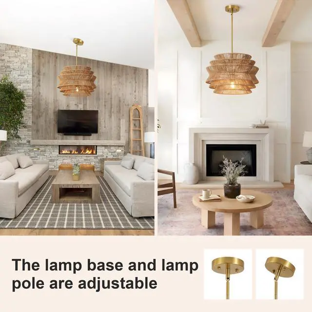 Alt view image 4 of 7 - 17.3" Rattan Pendant Light,Hand-Woven Rustic Wicker Hanging Light Seagrass Ceiling Chandelier,Water Plants Rattan Chandelier for Dining Living Bedroom Kitchen Farmhouse