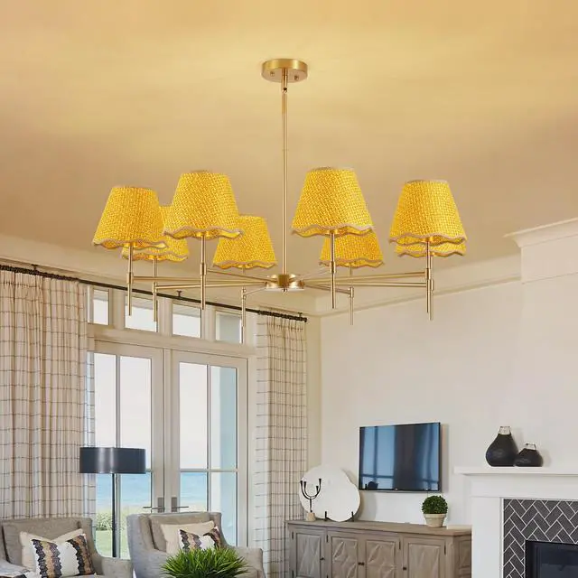 Alt view image 2 of 7 - Gold Farmhouse Chandelier 8-Light Boho Pendant Lamp 38.6 in Large Rustic Rattan Chandelier Light Fixture with Height Adjustable Hanging Pole for Dining Room, Living Room, Bedroom, E12 Base