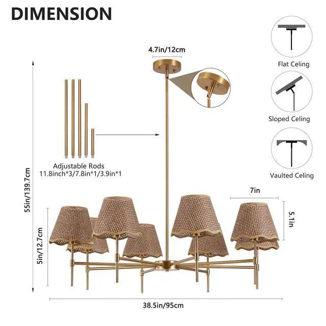 Alt view image 7 of 7 - Gold Farmhouse Chandelier 8-Light Boho Pendant Lamp 38.6 in Large Rustic Rattan Chandelier Light Fixture with Height Adjustable Hanging Pole for Dining Room, Living Room, Bedroom, E12 Base