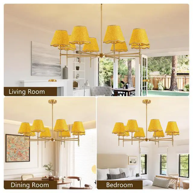 Alt view image 4 of 7 - Gold Farmhouse Chandelier 8-Light Boho Pendant Lamp 38.6 in Large Rustic Rattan Chandelier Light Fixture with Height Adjustable Hanging Pole for Dining Room, Living Room, Bedroom, E12 Base