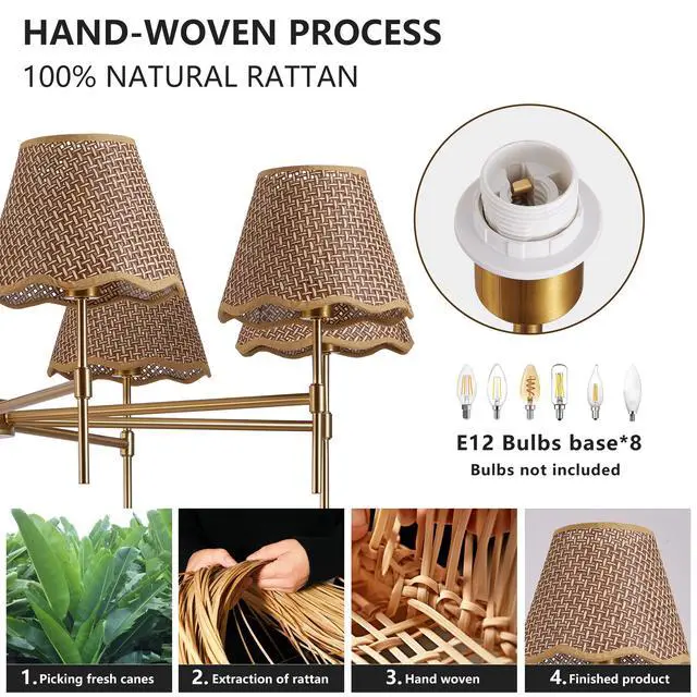 Alt view image 5 of 7 - Gold Farmhouse Chandelier 8-Light Boho Pendant Lamp 38.6 in Large Rustic Rattan Chandelier Light Fixture with Height Adjustable Hanging Pole for Dining Room, Living Room, Bedroom, E12 Base