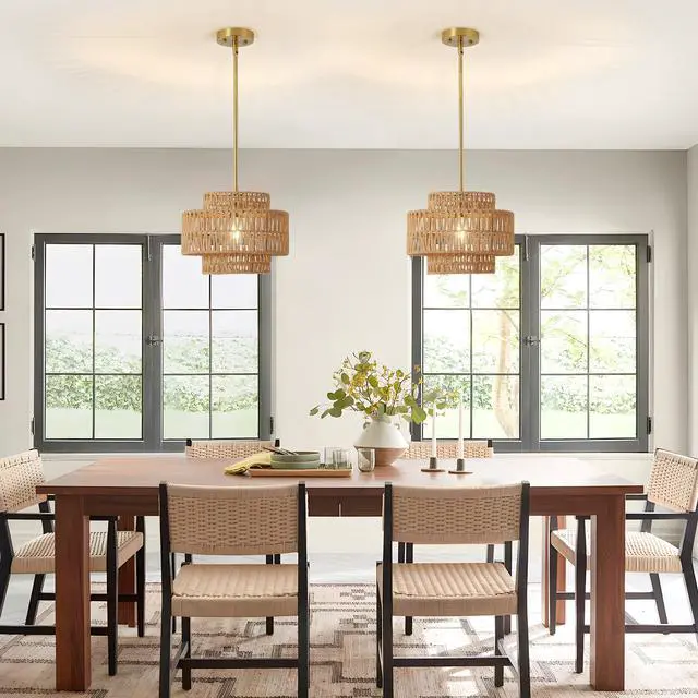 Alt view image 2 of 7 - 12.6 in Boho Rattan Chandelier Light Fixture,1-Light Hand Woven Pendant Light Fixture Farmhouse Rustic Hanging Lamp for Kitchen Island Bedroom, Dining Room, Living Room, Entryway, Foyer