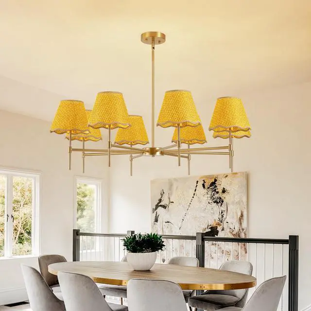 Alt view image 3 of 7 - Gold Farmhouse Chandelier 8-Light Boho Pendant Lamp 38.6 in Large Rustic Rattan Chandelier Light Fixture with Height Adjustable Hanging Pole for Dining Room, Living Room, Bedroom, E12 Base