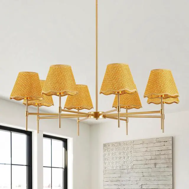 Main image of Gold Farmhouse Chandelier 8-Light Boho Pendant Lamp 38.6 in Large Rustic Rattan Chandelier Light Fixture with Height Adjustable Hanging Pole for Dining Room, Living Room, Bedroom, E12 Base