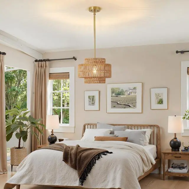 Alt view image 3 of 7 - 12.6 in Boho Rattan Chandelier Light Fixture,1-Light Hand Woven Pendant Light Fixture Farmhouse Rustic Hanging Lamp for Kitchen Island Bedroom, Dining Room, Living Room, Entryway, Foyer