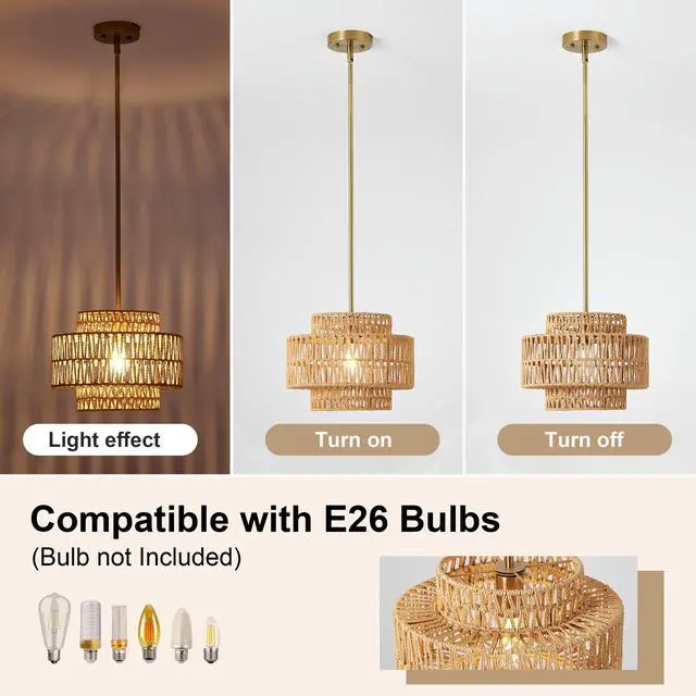 Alt view image 5 of 7 - 12.6 in Boho Rattan Chandelier Light Fixture,1-Light Hand Woven Pendant Light Fixture Farmhouse Rustic Hanging Lamp for Kitchen Island Bedroom, Dining Room, Living Room, Entryway, Foyer