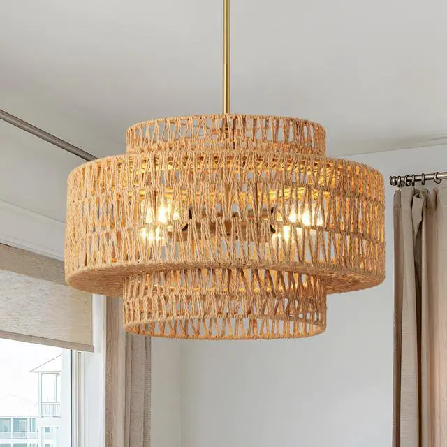 Main image of 17.7" Boho Rattan Chandelier for Dining Room Light Fixture, 4-Light Hand Woven Wicker Pendant Light Fixture, Farmhouse Rustic Hanging Chandelier for Dining Room, Kitchen Island, Living, Bedroom