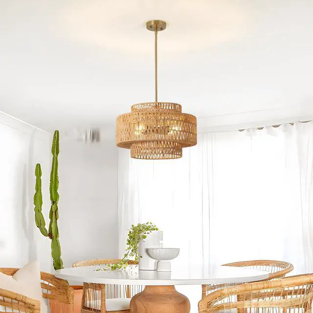 Alt view image 3 of 7 - 17.7" Boho Rattan Chandelier for Dining Room Light Fixture, 4-Light Hand Woven Wicker Pendant Light Fixture, Farmhouse Rustic Hanging Chandelier for Dining Room, Kitchen Island, Living, Bedroom