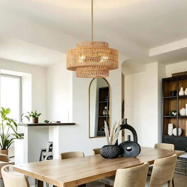 Alt view image 2 of 7 - 17.7" Boho Rattan Chandelier for Dining Room Light Fixture, 4-Light Hand Woven Wicker Pendant Light Fixture, Farmhouse Rustic Hanging Chandelier for Dining Room, Kitchen Island, Living, Bedroom
