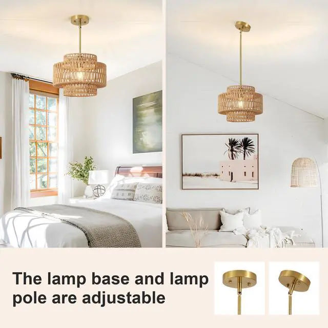 Alt view image 4 of 7 - 12.6 in Boho Rattan Chandelier Light Fixture,1-Light Hand Woven Pendant Light Fixture Farmhouse Rustic Hanging Lamp for Kitchen Island Bedroom, Dining Room, Living Room, Entryway, Foyer