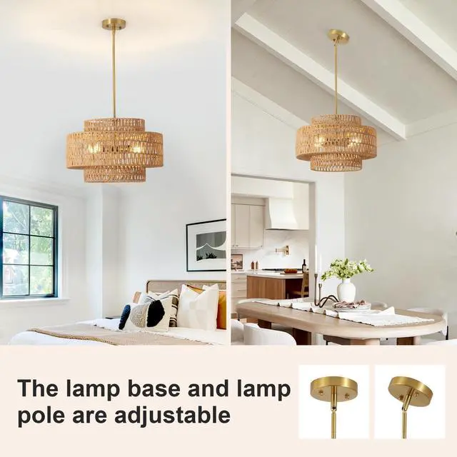 Alt view image 4 of 7 - 17.7" Boho Rattan Chandelier for Dining Room Light Fixture, 4-Light Hand Woven Wicker Pendant Light Fixture, Farmhouse Rustic Hanging Chandelier for Dining Room, Kitchen Island, Living, Bedroom