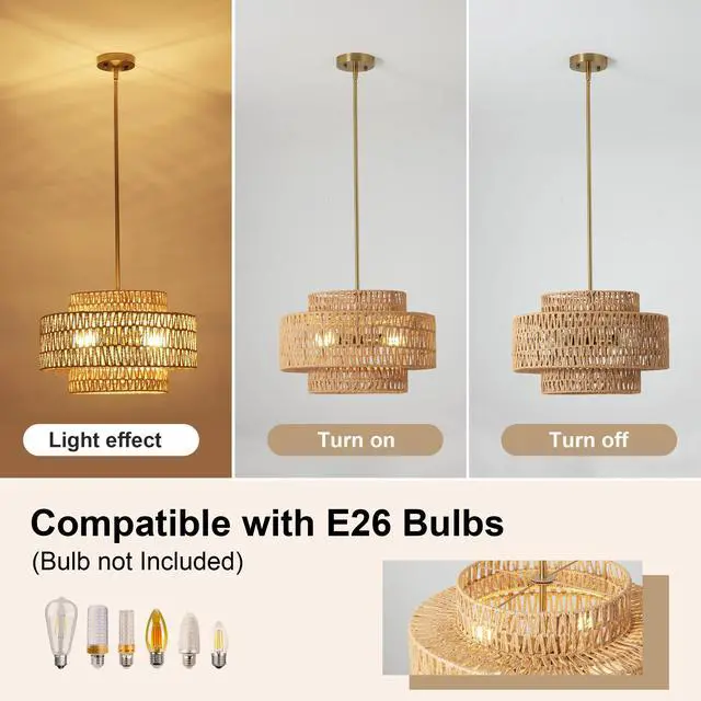 Alt view image 5 of 7 - 17.7" Boho Rattan Chandelier for Dining Room Light Fixture, 4-Light Hand Woven Wicker Pendant Light Fixture, Farmhouse Rustic Hanging Chandelier for Dining Room, Kitchen Island, Living, Bedroom