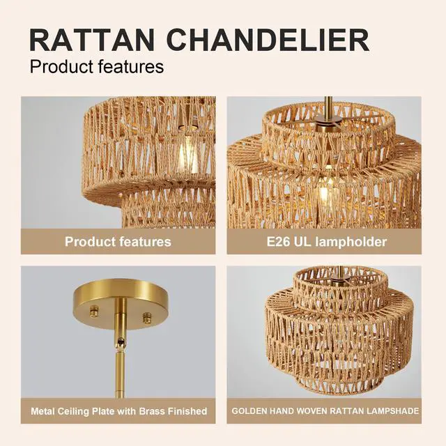 Alt view image 6 of 7 - 12.6 in Boho Rattan Chandelier Light Fixture,1-Light Hand Woven Pendant Light Fixture Farmhouse Rustic Hanging Lamp for Kitchen Island Bedroom, Dining Room, Living Room, Entryway, Foyer
