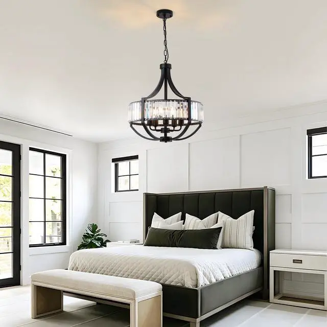 Alt view image 2 of 7 - 20" Modern Farmhouse Crystal Chandeliers for Dining Room, 5-Light Black Antique Pendant Chandelier, Contemporary Hanging Light Fixture for Living Room Bedroom Foyer Kitchen Island Entryway