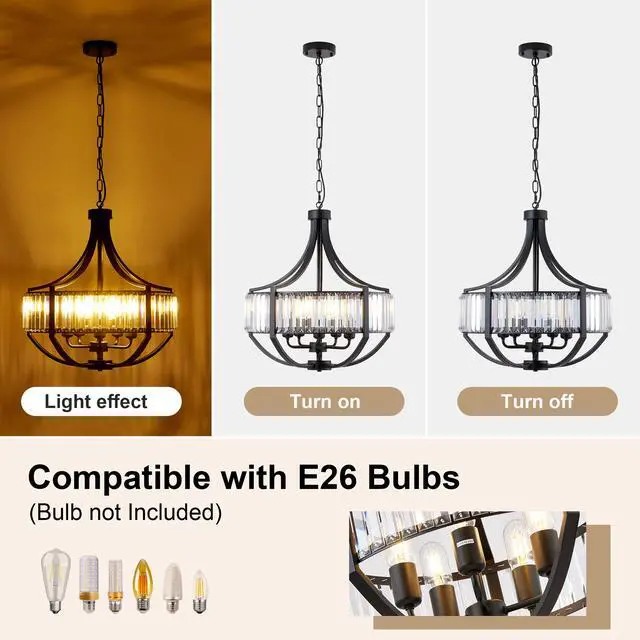Alt view image 5 of 7 - 20" Modern Farmhouse Crystal Chandeliers for Dining Room, 5-Light Black Antique Pendant Chandelier, Contemporary Hanging Light Fixture for Living Room Bedroom Foyer Kitchen Island Entryway
