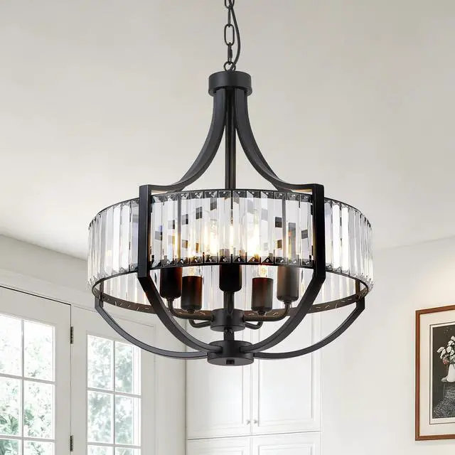Main image of 20" Modern Farmhouse Crystal Chandeliers for Dining Room, 5-Light Black Antique Pendant Chandelier, Contemporary Hanging Light Fixture for Living Room Bedroom Foyer Kitchen Island Entryway