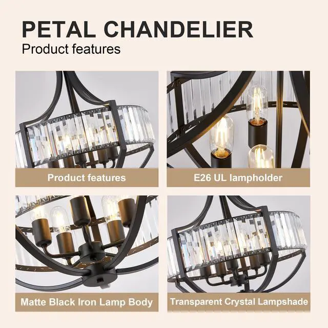 Alt view image 7 of 7 - 20" Modern Farmhouse Crystal Chandeliers for Dining Room, 5-Light Black Antique Pendant Chandelier, Contemporary Hanging Light Fixture for Living Room Bedroom Foyer Kitchen Island Entryway