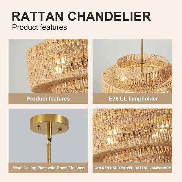 Alt view image 6 of 7 - 17.7" Boho Rattan Chandelier for Dining Room Light Fixture, 4-Light Hand Woven Wicker Pendant Light Fixture, Farmhouse Rustic Hanging Chandelier for Dining Room, Kitchen Island, Living, Bedroom