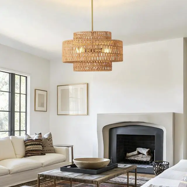 Alt view image 7 of 7 - 17.7" Boho Rattan Chandelier for Dining Room Light Fixture, 4-Light Hand Woven Wicker Pendant Light Fixture, Farmhouse Rustic Hanging Chandelier for Dining Room, Kitchen Island, Living, Bedroom